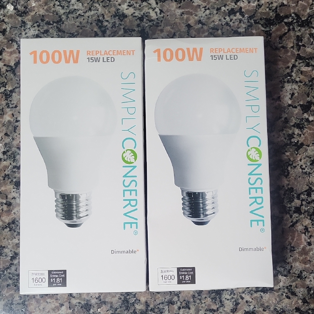 Lot of 2 new boxes each has 4 bulbs of Simply Conserve 100W LED Light Bulbs dimm